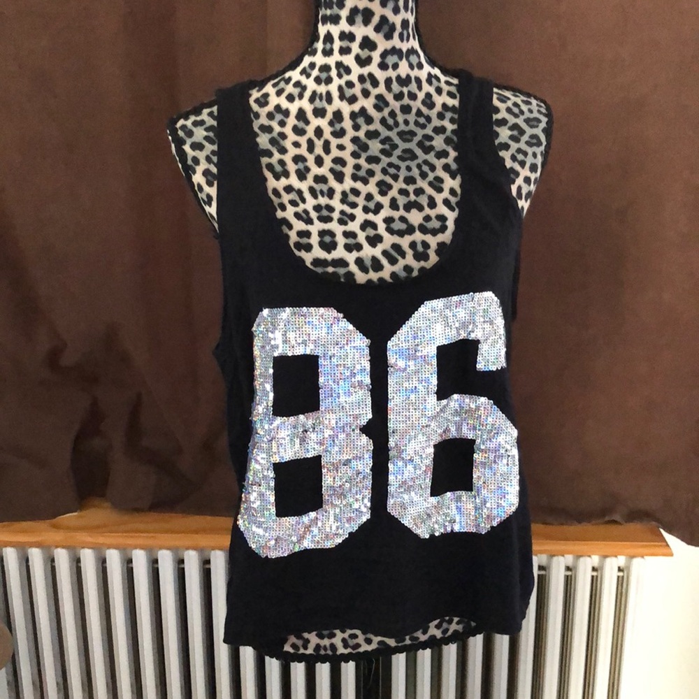 Pink sequin “86” muscle tank